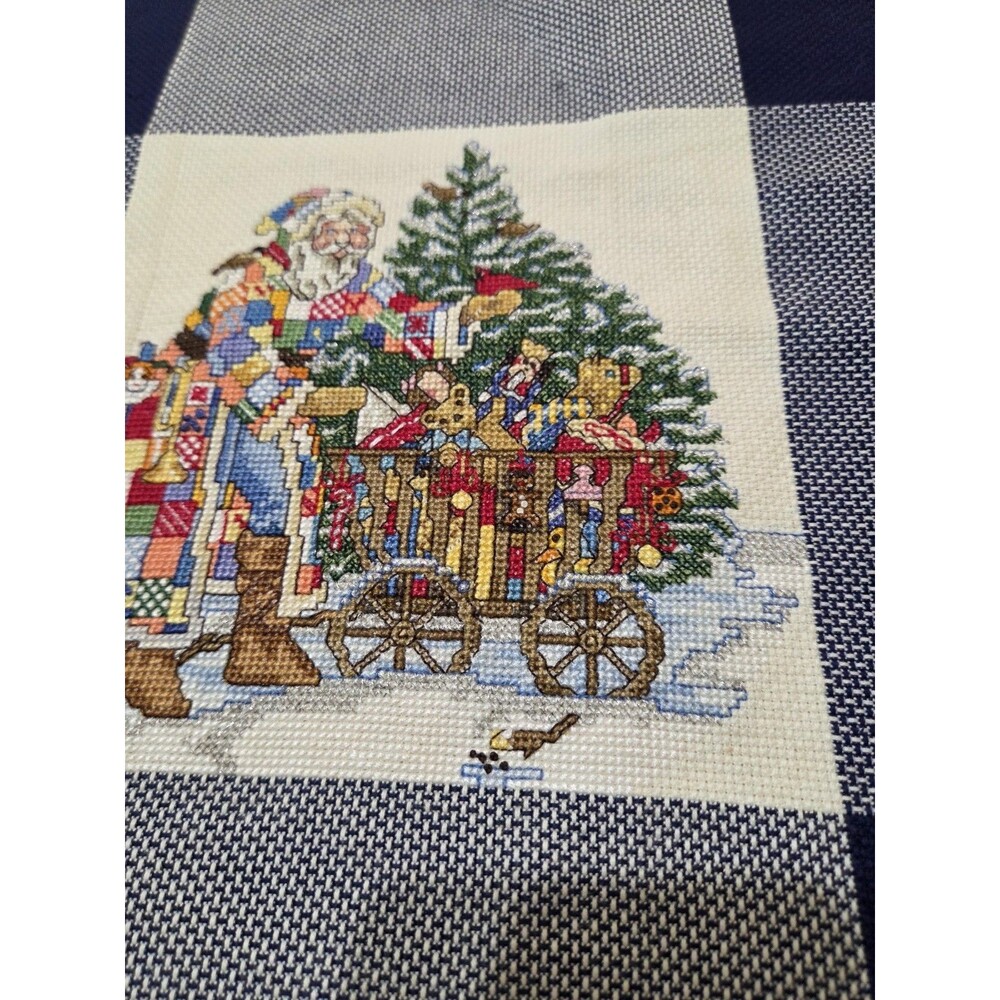 Finished Completed Cross Stitch Sampler Quilted Santa Father Christmas Bear Tree